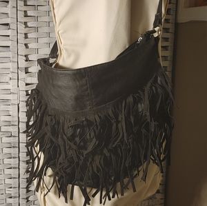 Ladies Black Cross body Shoulder bag Zip Closure Fringes on Front